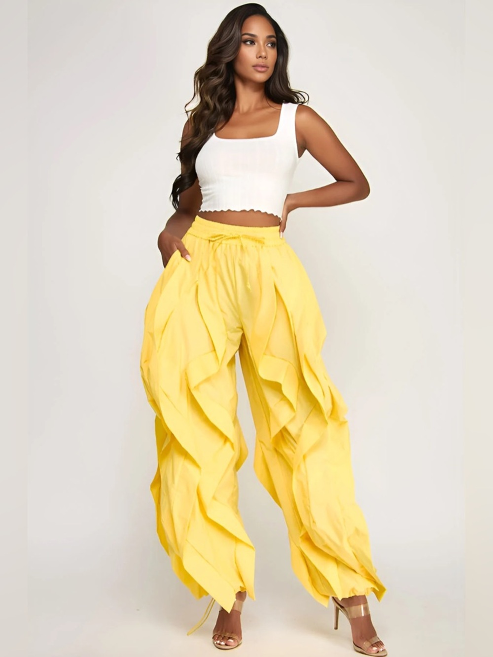 Yellow Ruffle Wide-Leg Wavy Drawstring Pants - Picture 2 of 16